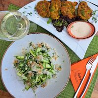 Courgette salad with dill, spring onion+cashew sauce and meatless (tempeh) balls with tahini dip - both amazing! at Sea Vibe in Santorini