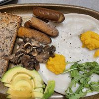 Vegan friend egg! Really good sausages.  at The Sister in Brussels