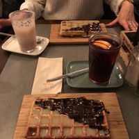 Hot chocolate, mulled wine and waffles (dark and white chocolate topping)   at The Sister in Brussels