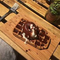 Vegan waffle with vanilla soy ice cream and chocolate sauce at The Sister in Brussels