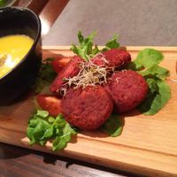 Beet falafel dewrap and soup. at The Sister in Brussels