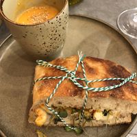 Focaccia with smokey vegan cheese and vegetable soup  at The Sister in Brussels