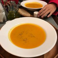 soup which came w vegan creme fraiche, seeds and bread at The Sister in Brussels