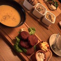 Beet Falafel with soup || Hummus || Salty Waffle - Seitan Baicon, avocado and mozzarela vegan cheese at The Sister in Brussels