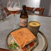 Brunshaus gluten free beer (highly recommend!), "Ready to Move" Focaccia sandwich (gluten free and vegan), with soup of the day at The Sister in Brussels