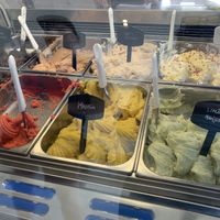 Vegan choices marked with black signs   at Gelateria Alice in Sagres