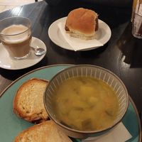 Top: breakfast roll vegan sq sausage & tattie scone, bottom: tattie and leek soup & vegan cheese and onion toastie at Rose & Grant's in Glasgow