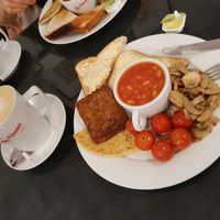 6 piece breakfast(square sausage) and a large oat flat white at Rose & Grant's in Glasgow