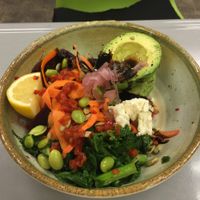 vegetarian, only because of the feta, avocado bowl and so worth it, the sauce tied it together perfectly  at Food Cache in Mammoth Lakes