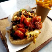 Brassica falafel wrap and fries at Brassica in Columbus