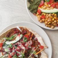 Lahmacun (bottom left) & chickpea chatt (top right) at The Old Electric Shop in Hay-on-wye