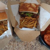 Vegan takeout:  County-fried mushroom burger, Veggie burger (center), and "meatballs" with zucchini noodles at 56 Kitchen in Solon