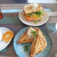 Classic breakie sandwich, Mushroom corn jaffle at Particle Cafe in Avondale Heights