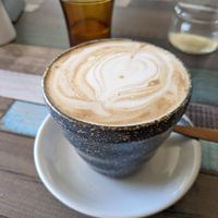 Soy latte - love these mugs! at Particle Cafe in Avondale Heights