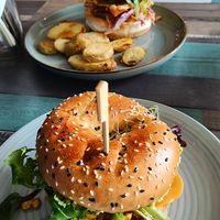 Classic Breakie Bagel & Mock Me Burger at Particle Cafe in Avondale Heights