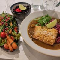 Katsu curry with kimchi rice and seasonal veg at Stem & Glory in Cambridge