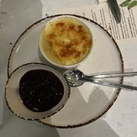 Crème brûlée with a berry compote   at Stem & Glory in Cambridge