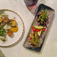 Starter - blue corn taco shells filled with crispy king oyster mushroom ‘fish’, pickled carrots & red cabbage, red fox carlin bean, lime & ginger kohlrabi, sriracha & wasabi ma at Stem & Glory in Cambridge