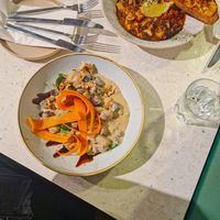 Main - swede gnocchi
with roasted chestnut mushroom & spinach in ‘gorgonzola’ cream with spiced walnuts, aged balsamic, yellow carrot curls & micro sage #Veganuary at Stem & Glory in Cambridge