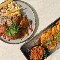 buffalo broccoli + kimchi pancakes at Stem & Glory in Cambridge
