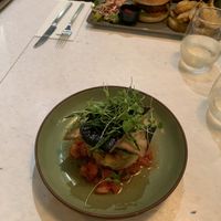 ‘Sea bass’ (VG & GF) and vegan burger  at Stem & Glory in Cambridge