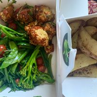 Seasonal veg, buffalo cauliflower wings & roasted potato chips (all gluten-free)  at Stem & Glory in Cambridge