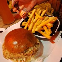 Burger with chips at Bloc Bar Glasgow in Glasgow