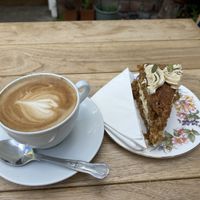 Vegan cappuccino and carrot cake  at Hidden Lane Tea Room in Glasgow
