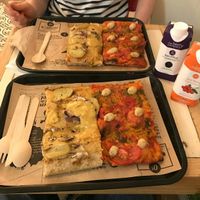 Tomato-ricotta and mushroom-potato slices. Perfect combination ! at Hank Vegan Pizza in Paris