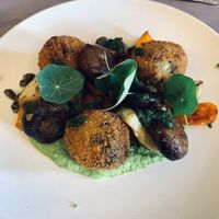 Fishy “Croquettes” of palmheart, nori, mashed potato.  at Le Cheval Blanc  in Saint-antonin-noble-val