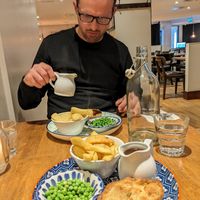 Guinness and Seitan Pie with peas and chips are really really good at Acton & Sons in Belfast