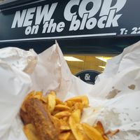 Sosij and chips at New Cod on the Block in Sheffield