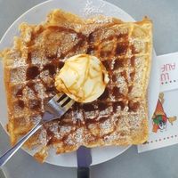 Waffle with ice cream and caramel sauce at Brustolon Cafe Gelateria in Koblenz