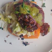 Open burger on sweet potato at Velobis in Vienna