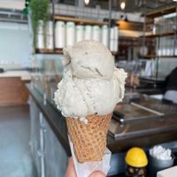 Bananas Foster ice cream on a vegan sugar cone. This is a special flavor of the month, it's not always there. It was great!  at Rori's Creamery in Santa Barbara