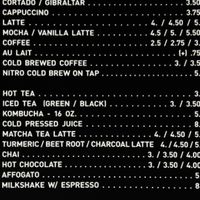 Store drink menu  at Handlebar Coffee Roaster in Santa Barbara