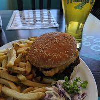 vegan fish cheezburger with fries and coleslaw at Fish on Fifth in Sidney