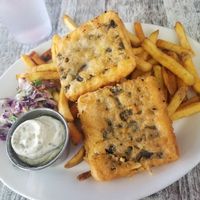 Vegan no fish (made with tofu) with side of fries and coleslaw. Really yummy! at Fish on Fifth in Sidney