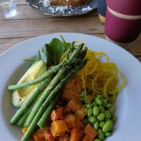 Nourish bowl and the best coffee in town. Even the keep cups are available there. at Empire 6714 in Karratha