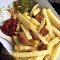 fries and sausages (makkaraperunat) with really good mayonnaise (kaikilla mausteilla!!) at Jänö in Helsinki