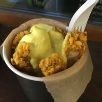 Nuggets (crispy tofu) with vegan cheese sauce  at Hood - Konyushennaya in St Petersburg