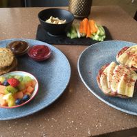 vegan pancakes, humus and vegetables, peanut butter and banana toast  at Mr. Fox in Riga