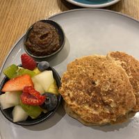 vegan pancakes with date caramel and fresh fruitt  at Mr. Fox in Riga