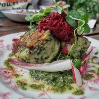 Spinach, pea and mint cakes at The Perch in Oxford