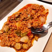 Fajitas veganas de soja texturizada (en la foto no salen las tortas de maíz) at Las Mañanitas  in Potes