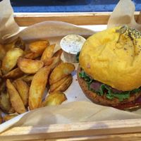 vegan spicy burger with French fries  at Flower Burger in Monza