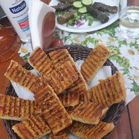 Galic bread and filled wine leaves at Milos Taverna in Crete