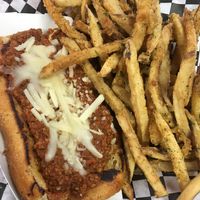 Chili Cheese Vegan Dawg and fries at PJ's Grill in Carson