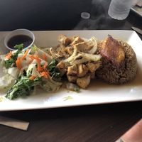 Jerk tofu with beans, rice, and plantains  at Yardie Spice in Homestead