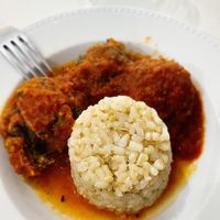 2nd course: eggplant meatballs with tomato sauce  at Natu in Santander